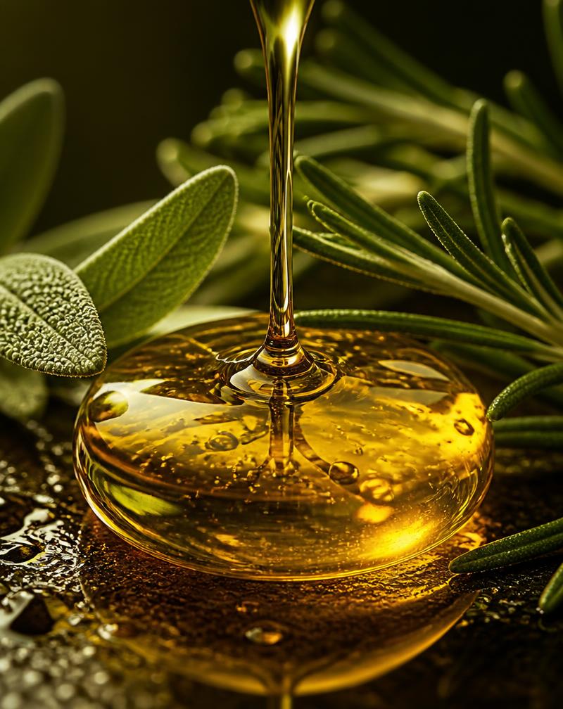 Macro shot of golden botanical oil with rosemary and sage