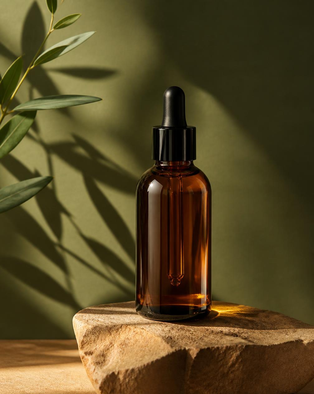 Amber glass dropper bottle of Nourish and Shine Hair Serum on a stone pedestal