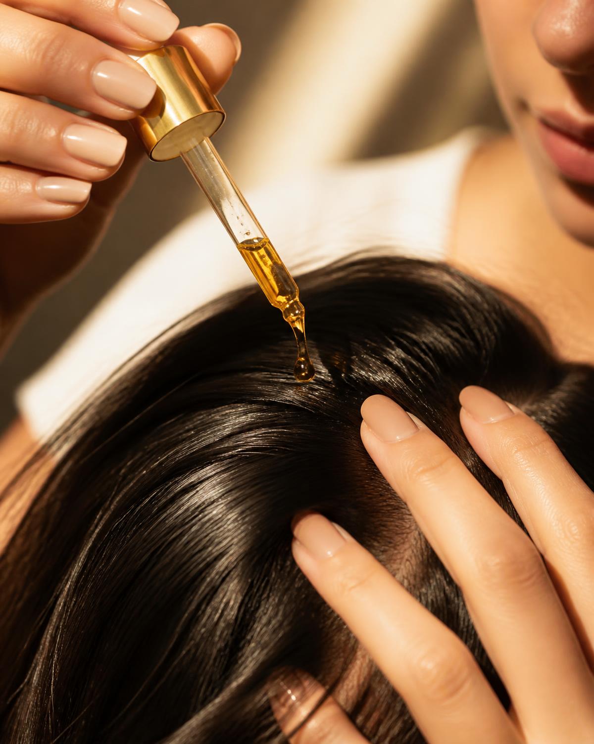 Applying the golden hair serum with a glass dropper